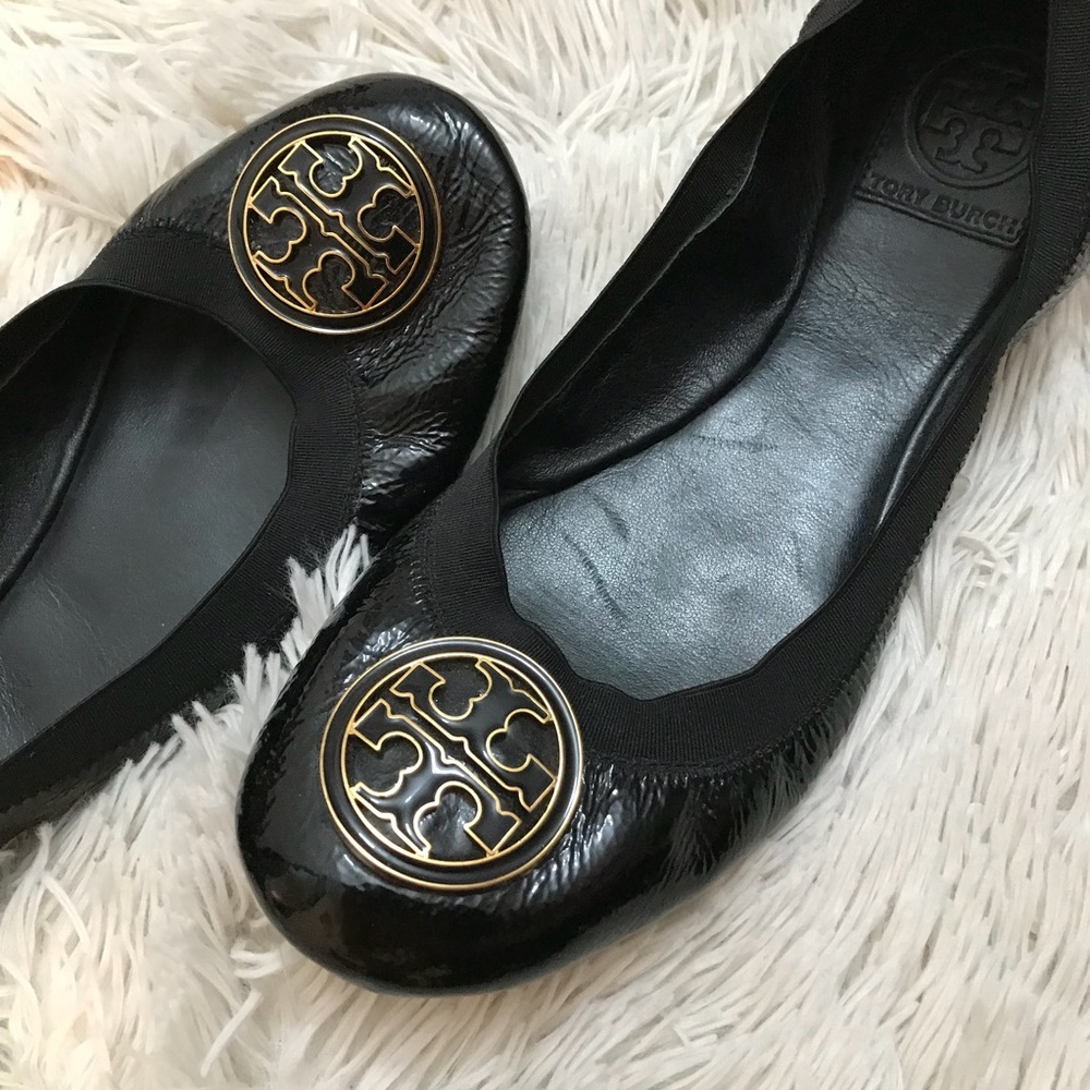 Tory Burch Black Patent Leather Reva Logo Ballet Flats with Gold Emblem